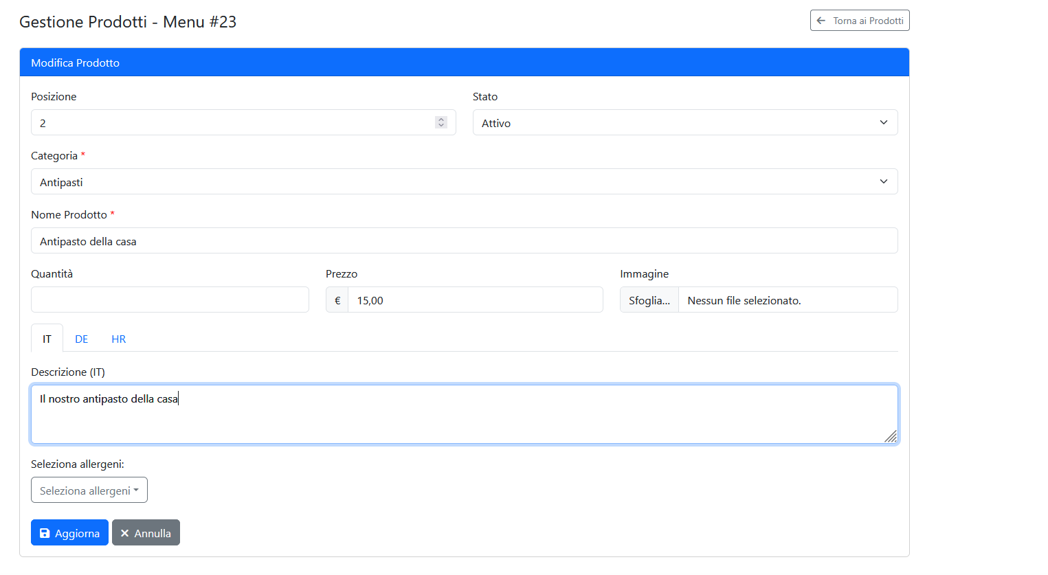 Modifica Prodotto MenuQR